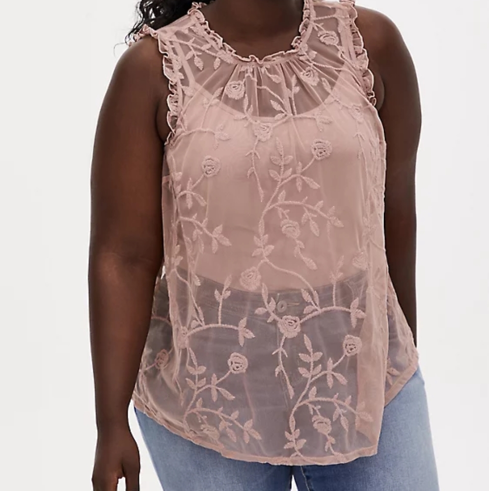 Sheer Mesh Embroidered Ruffle Sleeveless Blouse